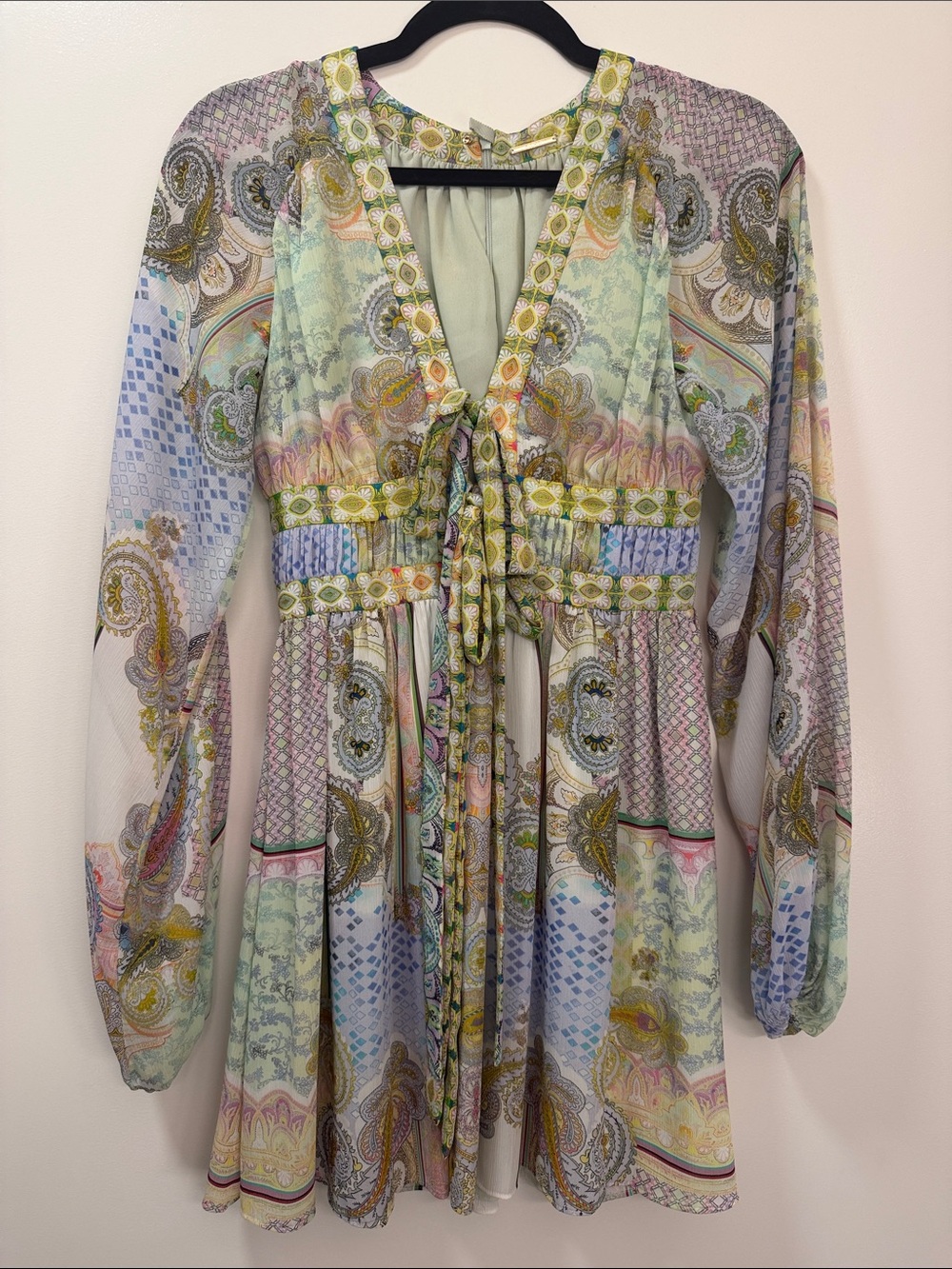 Alexis Pastel Green Printed Paisley Long Sleeve Mini Fit & Flare Dress Size XS